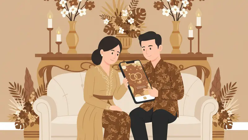 Pasangan pengantin sedang menggunakan buku tamu digital di tablet