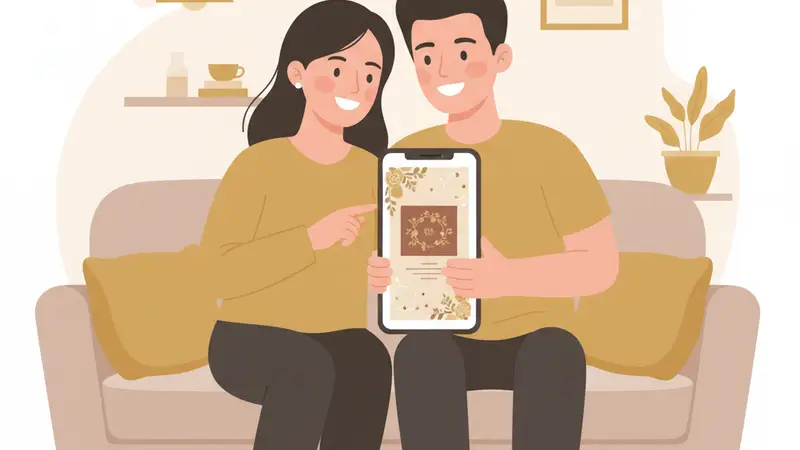 Pengantin sedang melihat hasil buku tamu digital yang elegan di tablet