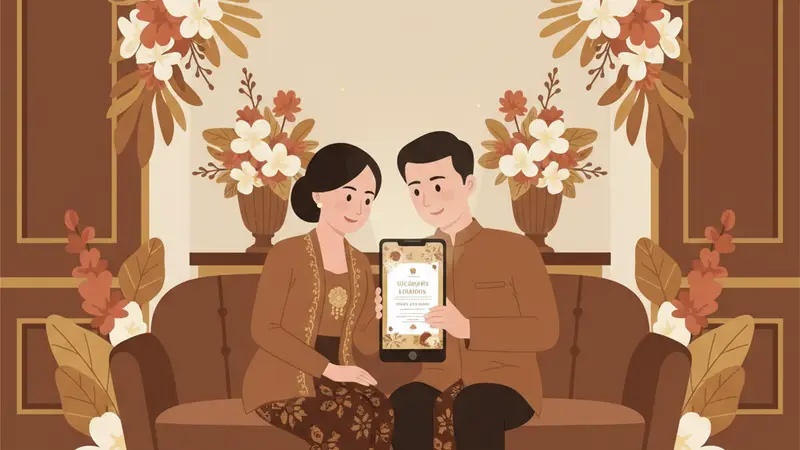 Ilustrasi pasangan sedang membuat surat undangan pernikahan