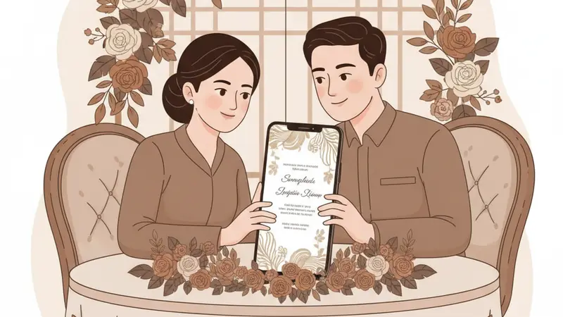 Pasangan sedang melihat undangan pernikahan digital di laptop dan tablet