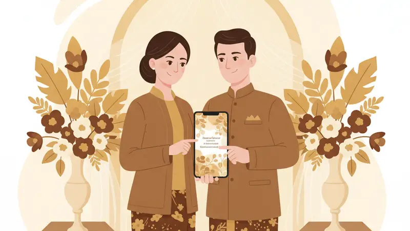 Ilustrasi pasangan sedang merencanakan pernikahan online dengan laptop dan tablet
