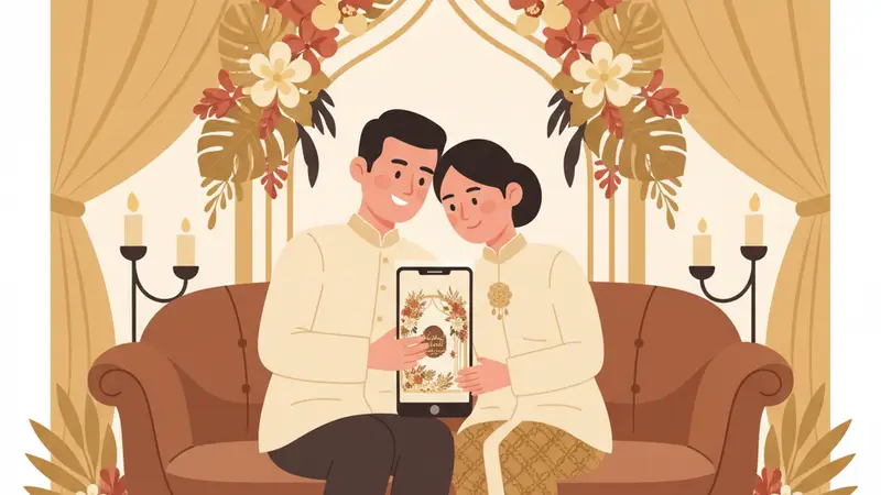 Ilustrasi pasangan sedang membuat undangan pernikahan online di laptop