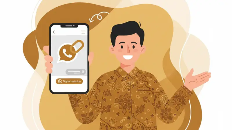 Pasangan sedang membagikan undangan digital pernikahan melalui smartphone