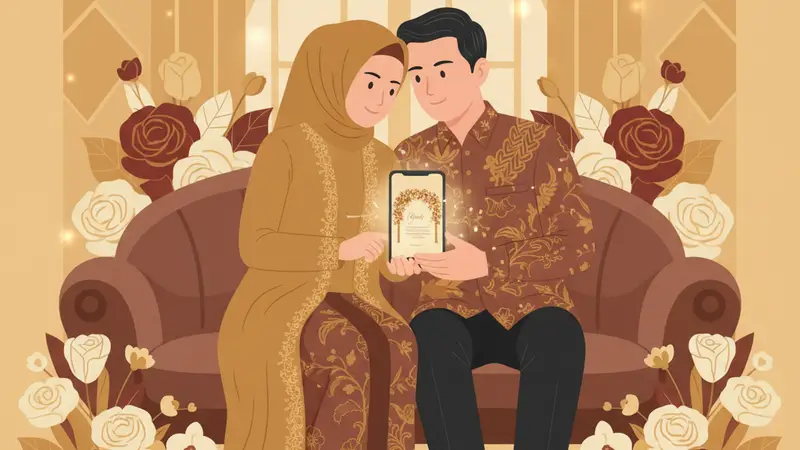 Ilustrasi pasangan sedang melihat desain website undangan pernikahan di laptop.