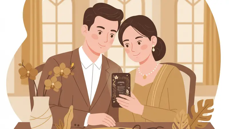 Ilustrasi pasangan sedang melihat undangan digital di tablet