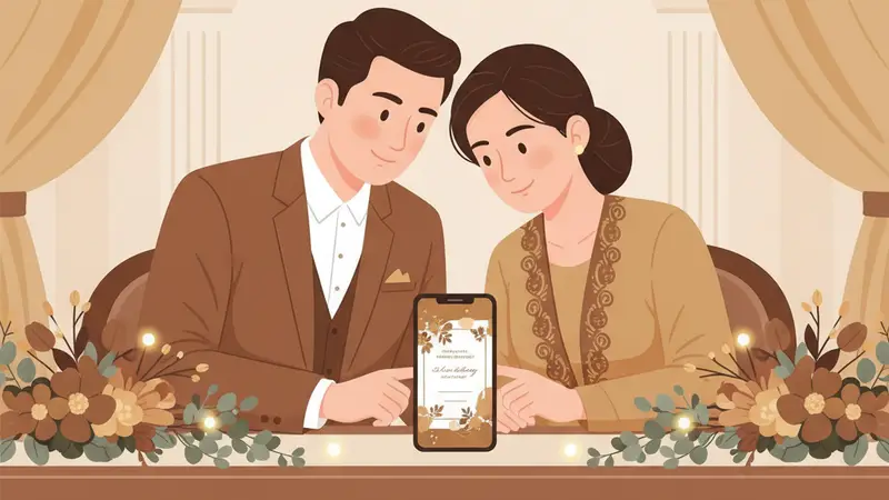 Ilustrasi pasangan sedang merancang undangan digital di laptop dengan background bunga-bunga