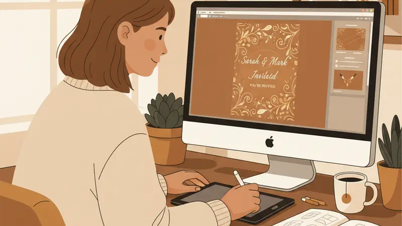 Seorang wanita sedang memilih template undangan digital di layar laptop