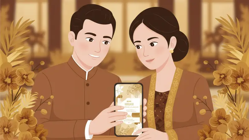 Ilustrasi pasangan sedang membuat undangan digital di hp dengan laptop di latar belakang