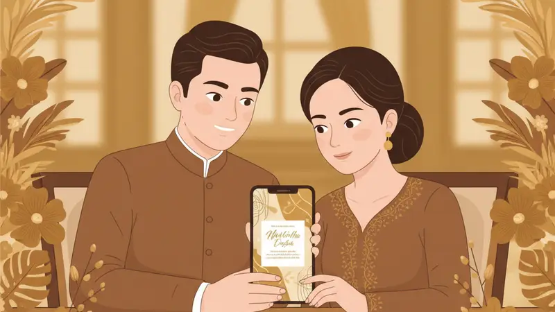 Ilustrasi pasangan sedang membuat undangan digital gratis di laptop