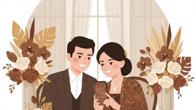 Ilustrasi pasangan sedang membuat undangan digital online gratis di laptop