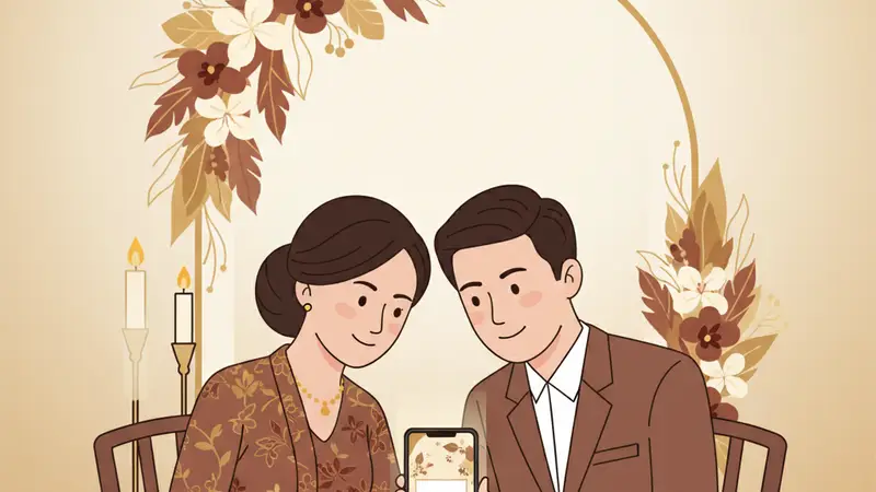 Ilustrasi pasangan sedang membuat undangan digital online gratis di laptop