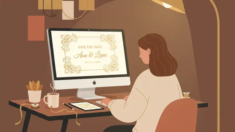 Wanita sedang mendesain undangan digital di laptop menggunakan Canva