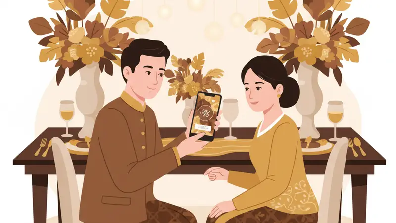 Ilustrasi pasangan sedang membuat undangan digital sendiri dengan laptop