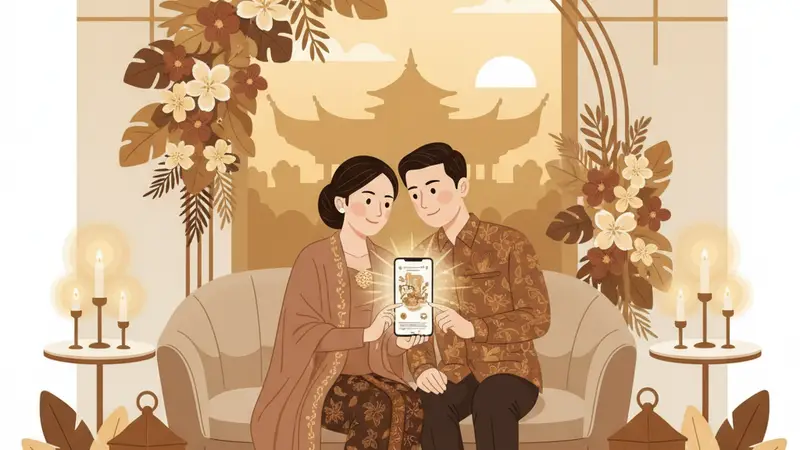 Pasangan bahagia melihat undangan digital web di laptop