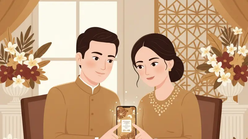 Ilustrasi pasangan sedang melihat undangan digital web di laptop
