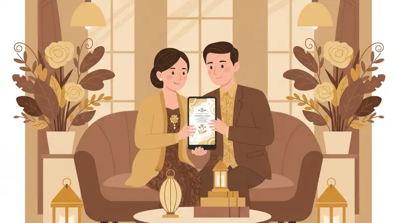 Ilustrasi pasangan sedang melihat undangan digital website gratis di laptop