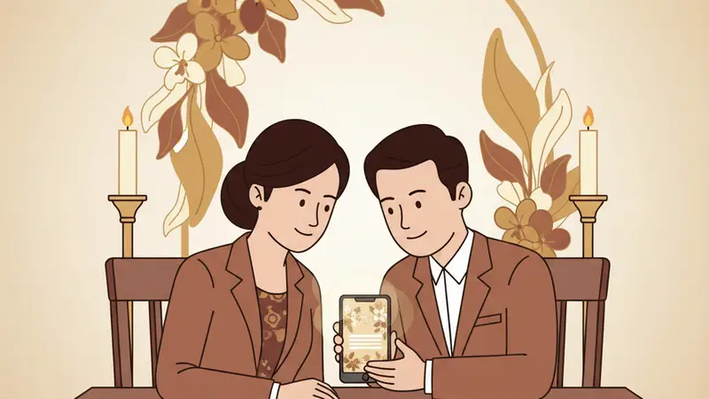 Pasangan calon pengantin sedang melihat desain undangan pernikahan digital di laptop