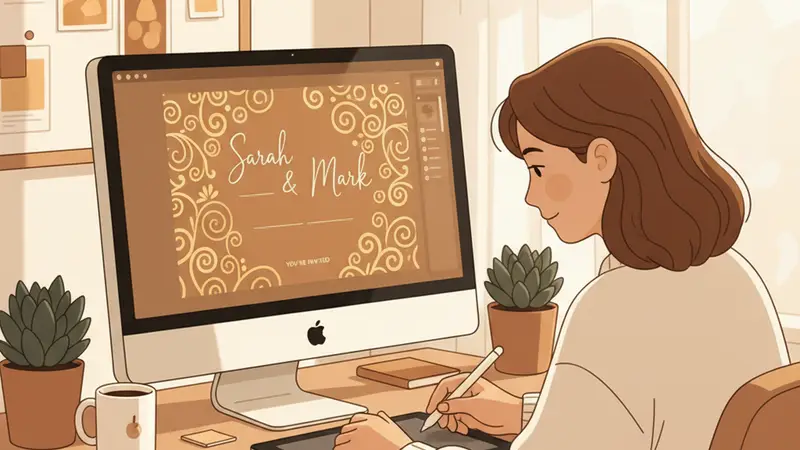 Calon pengantin sedang berdiskusi dengan desainer undangan digital