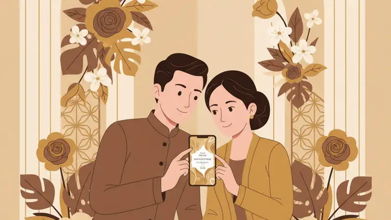 Pasangan pengantin sedang melihat contoh undangan pernikahan online di laptop