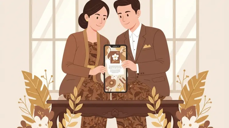 Ilustrasi pasangan sedang merencanakan undangan pernikahan online di laptop