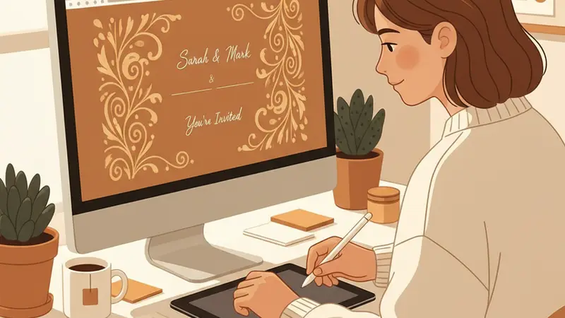 Seorang desainer grafis sedang memilih template desain undangan pernikahan online di laptop