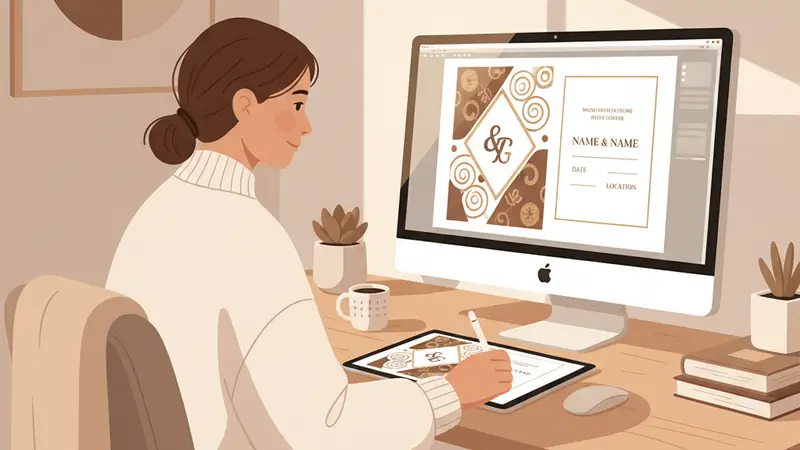 Seorang wanita sedang mendesain undangan pernikahan online di laptop