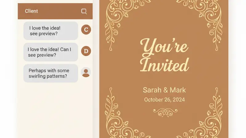 Berbagai fitur undangan pernikahan digital seperti RSVP, galeri foto, dan peta lokasi yang ditampilkan di layar smartphone