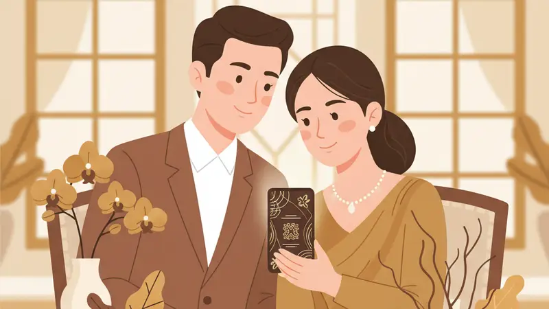 Pasangan sedang melihat web undangan pernikahan di laptop