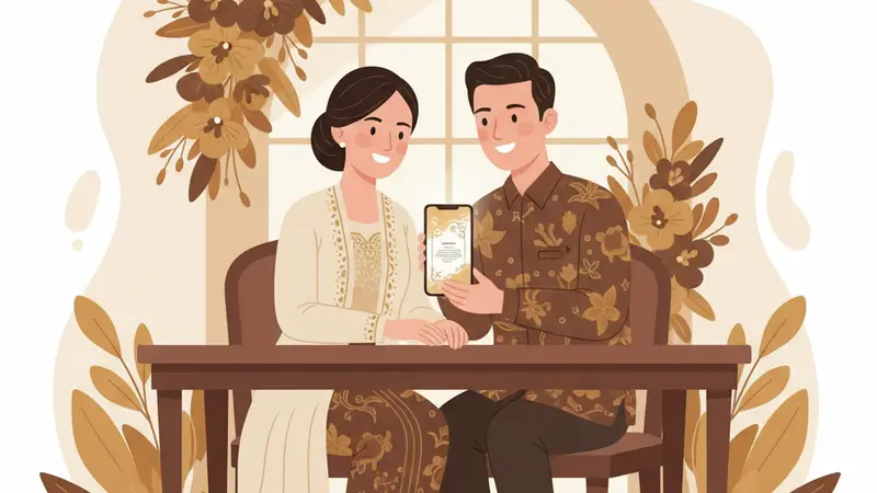 Ilustrasi pasangan menggunakan undangan digital