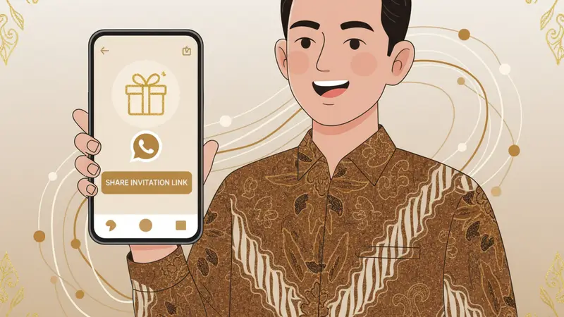 Ilustrasi tangan memegang smartphone dengan undangan digital dan ikon aplikasi pesan