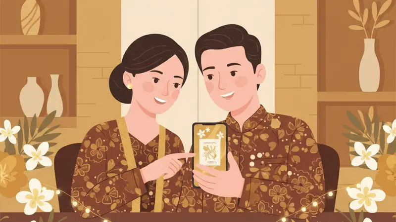 Ilustrasi seseorang sedang membuat kartu ucapan digital di laptop dengan berbagai elemen desain