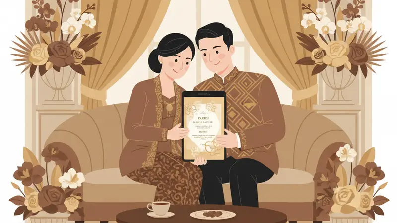 Ilustrasi pasangan sedang membuat undangan digital gratis di laptop