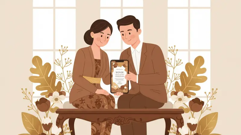 Pasangan sedang melihat undangan digital pernikahan di smartphone