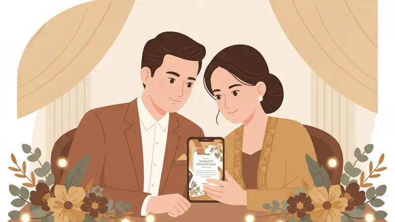 Ilustrasi pasangan sedang membuat undangan digital sendiri di laptop