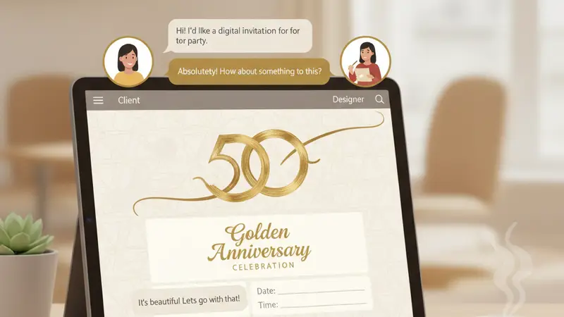 Seorang wanita sedang melakukan review akhir undangan digital di laptop