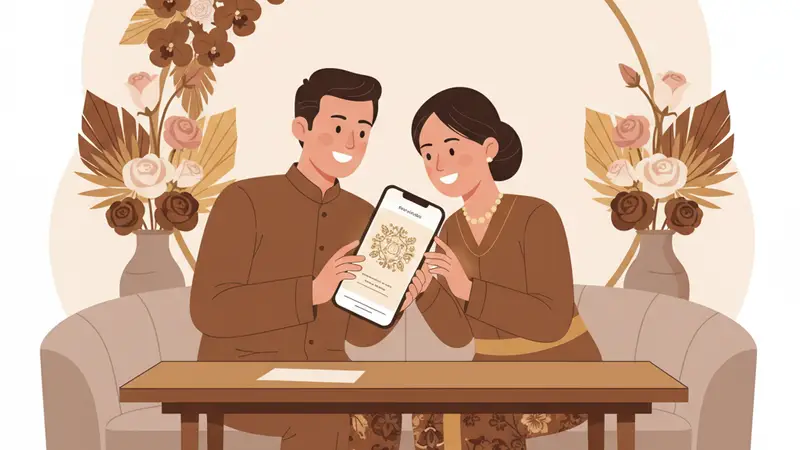 Ilustrasi pasangan sedang merencanakan cara membuat undangan online pernikahan mereka di laptop
