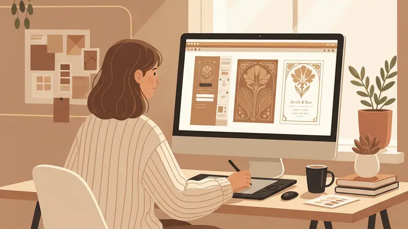 Ilustrasi pasangan sedang membandingkan membuat undangan online sendiri vs menggunakan jasa profesional