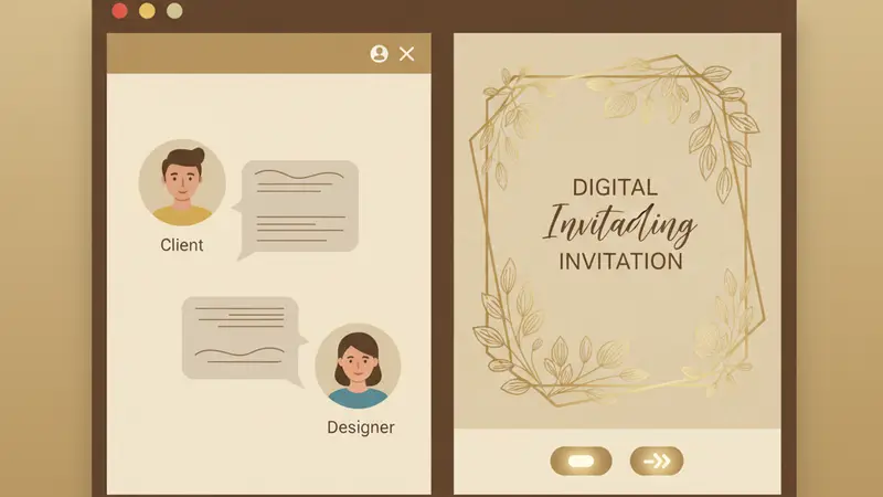 Ilustrasi undangan online pernikahan dengan berbagai fitur interaktif seperti peta dan galeri foto
