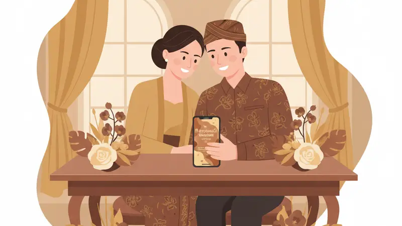 Ilustrasi pasangan sedang mendesain undangan pernikahan di Canva