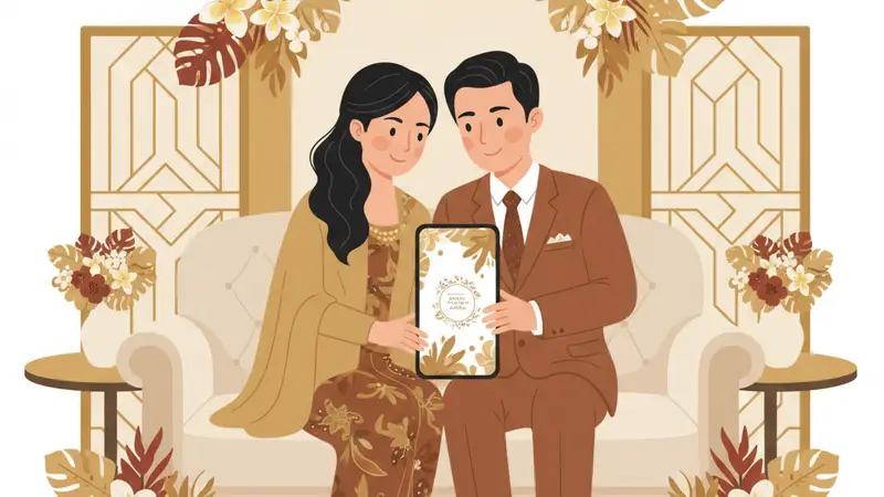 Pasangan pengantin melihat undangan pernikahan digital di laptop