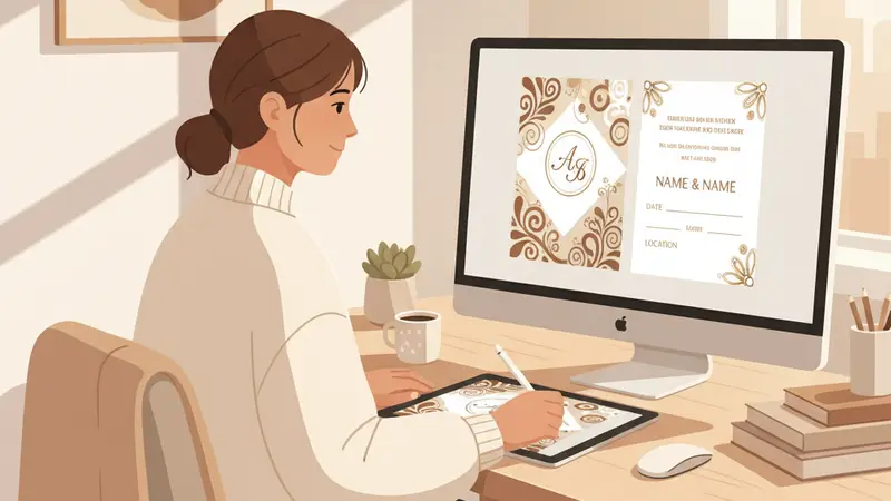 Wanita sedang mendesain undangan pernikahan digital di laptop