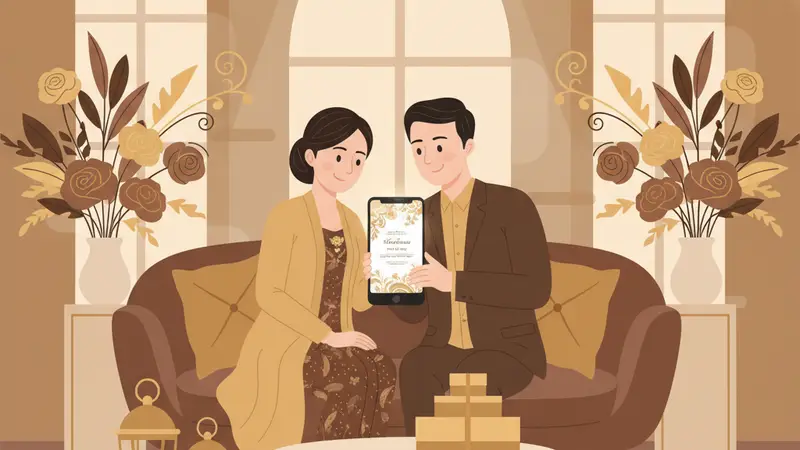 Pasangan pengantin sedang melihat undangan pernikahan digital gratis di tablet