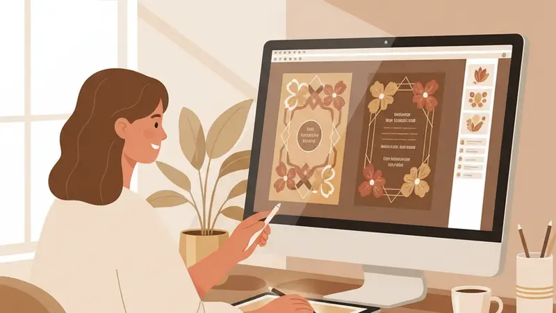 Wanita sedang memilih desain undangan pernikahan digital gratis di laptop