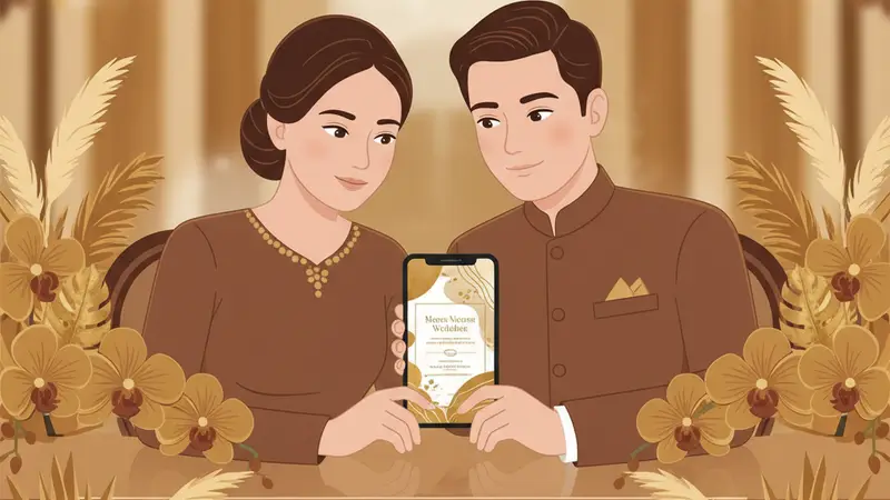Pasangan pengantin melihat laptop untuk membuat undangan web