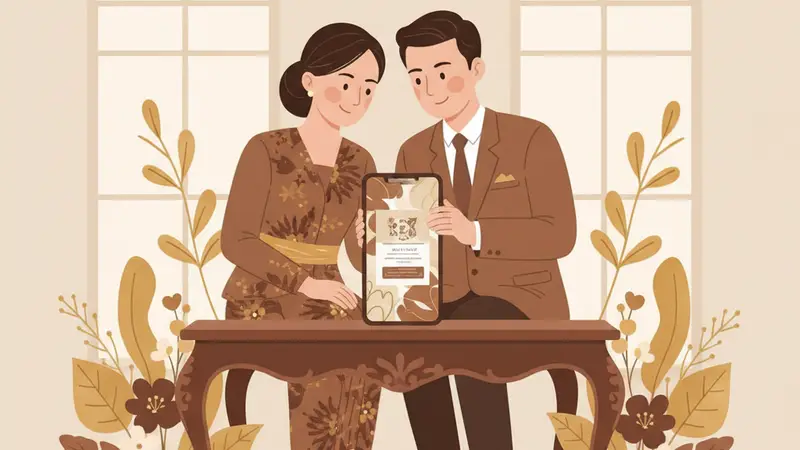 Ilustrasi pasangan sedang melihat undangan web di tablet