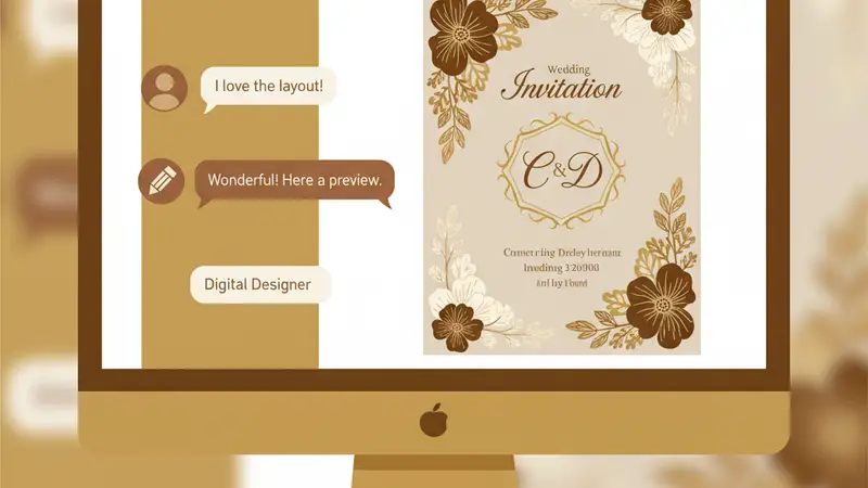 Pengantin muda sedang memilih template undangan web di laptop