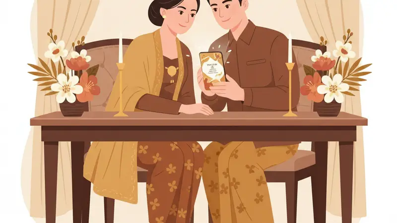 Ilustrasi pasangan sedang membuat web undangan digital pernikahan