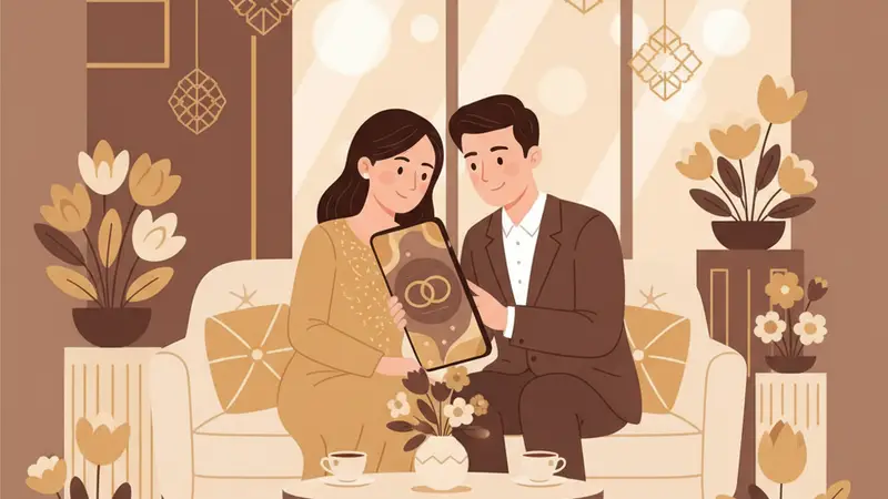 Ilustrasi pasangan mengenakan busana pernikahan di antara ornamen bunga dan meja.