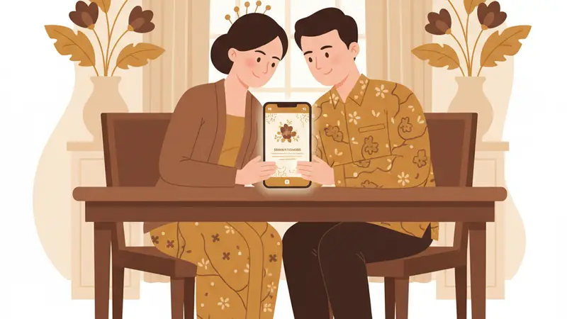 Ilustrasi pasangan membaca kartu undangan di meja dengan dekorasi bunga.