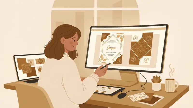 Ilustrasi perancang memilih unsur visual kartu undangan melalui layar komputer.